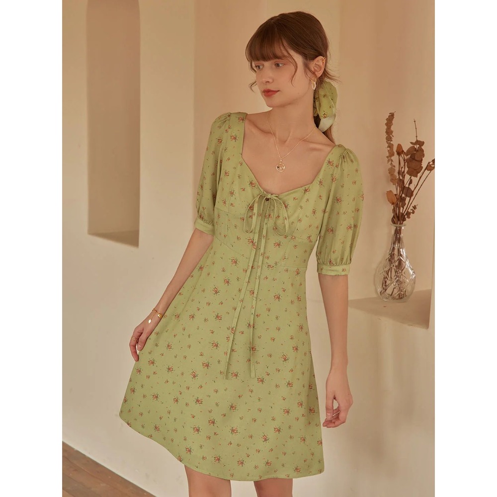 Simple Retro Rosaline Tea Mini Floral Dress In Green Size Small Feminine Cottage
